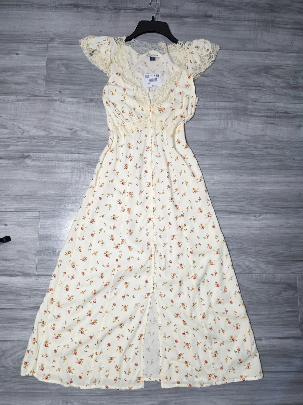 NWT American Eagle Yellow Floral Button Down Lace Trim 90s Mom Midi Dress